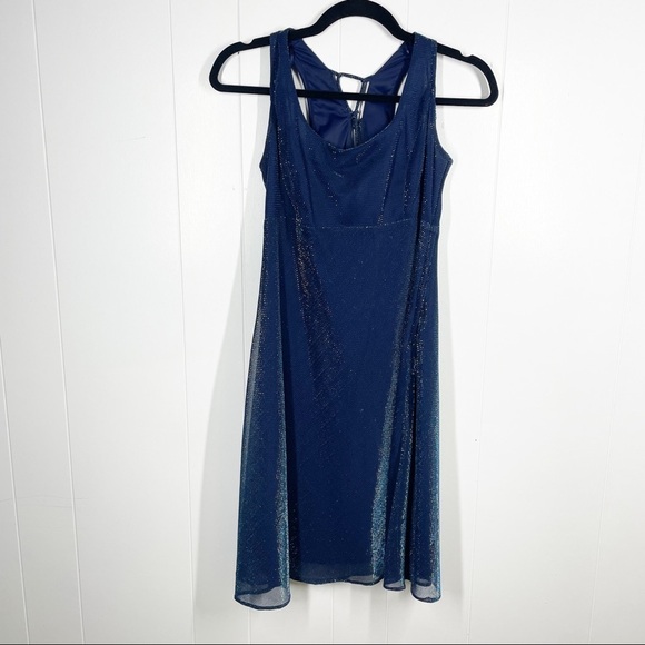 VINTAGE 5-7-9 Blue Shimmer Sleeveless Lace Up Back Mini Dress 7 (Juniors) - Picture 1 of 9